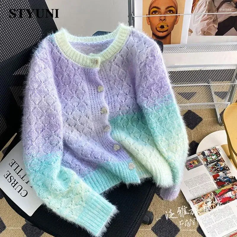 Kvinnors stickor Gradient Mohair Hollow Out Long Sleeve Single Breasted Sweater Korean Fashion Pullover Short Sweaters Autumn Winter 2023