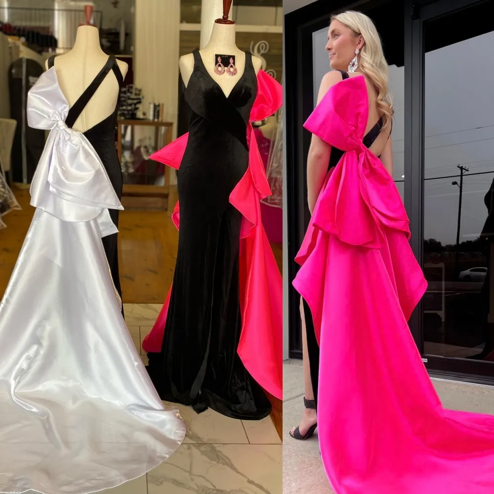 Formelles Abendkleid aus Samt, 2k24, große Schleife, figurbetont, für Damen, Festzug, Abschlussball, Cocktailparty, Saudi-Arabien, roter Teppich, Laufsteg, Drama, Black-Tie-Heimkehr, Gala, hoher Schlitz