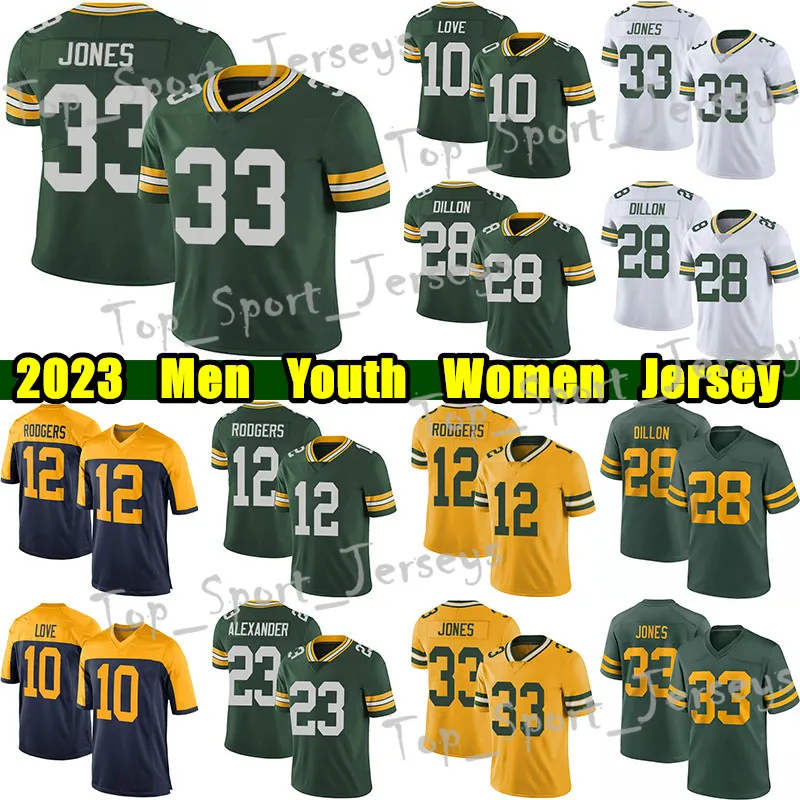 #33 Aaron Jones Jerseys Football #28 AJ Dillon Jaire Alexander Quay Walker Christian Watson Darnell Savage Jr Eric Stokes David Bakhtiari Aaron Rodgers tröjor