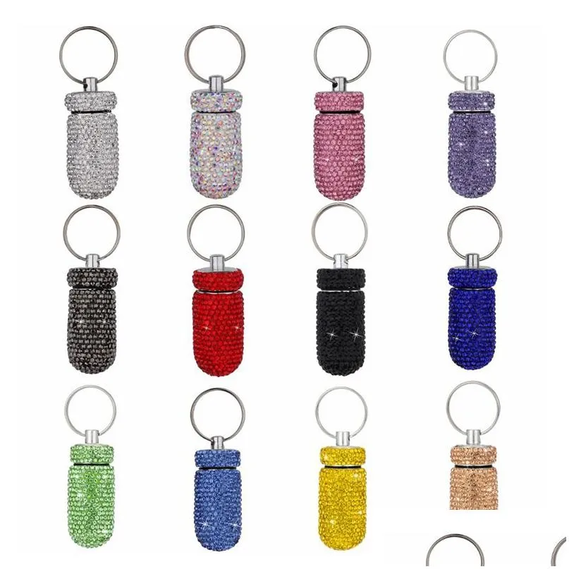 Party Favor Diamond Small Medicine Bottle Keychains Portable Waterproof Aluminium Eloy Tank Storage Box 12 Färger Hem Garden Festive Dhymb