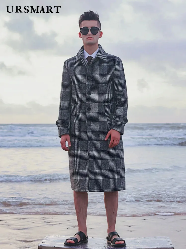 Misturas de lã masculina longo casaco de lã masculino único breasted joelho grosso destacável forro inverno quente xadrez britânico 231012