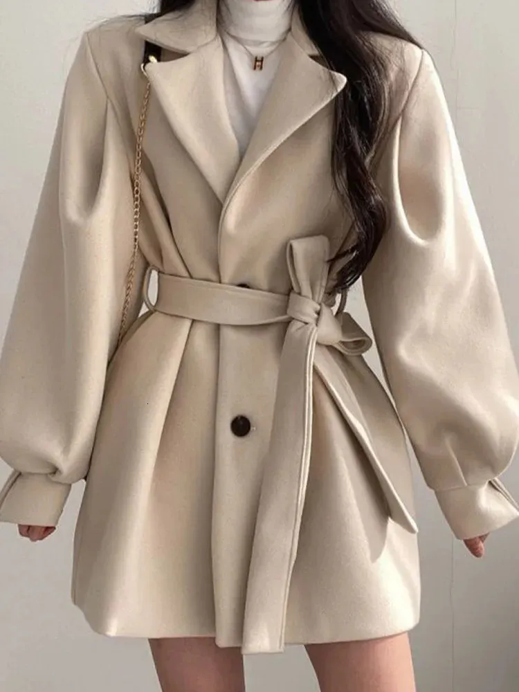 Kadın Yün Karışımları Kore Kalın Kadın Hendek Sıcak Ceketler Tştolma Yaka Uzun Puf Kılıf Giysileri Sonbahar Zarif Kemer Palto Kadınlar Şık Midi Top 231012