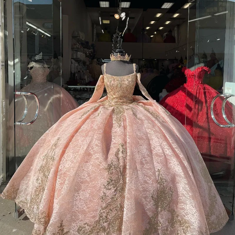 Rosa glänzende Spaghettiträger mit Applikationen, Spitzenkorsett, langärmelige Quinceanera-Kleider, Ballkleid, Prinzessinnenkleid, 15-jähriges Quinceanera-Kleid