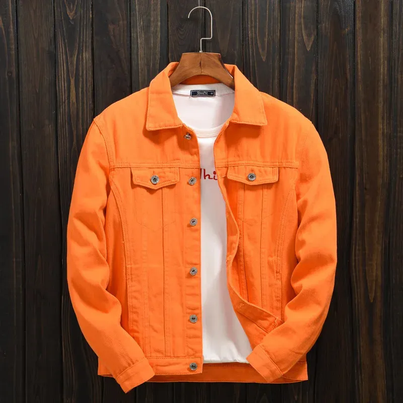 Herrjackor Hoo Men's Autumn Orange Lapel Denim Jacket Tonåringar släpper axlarna Lossa Casual Denim Jacket 231012