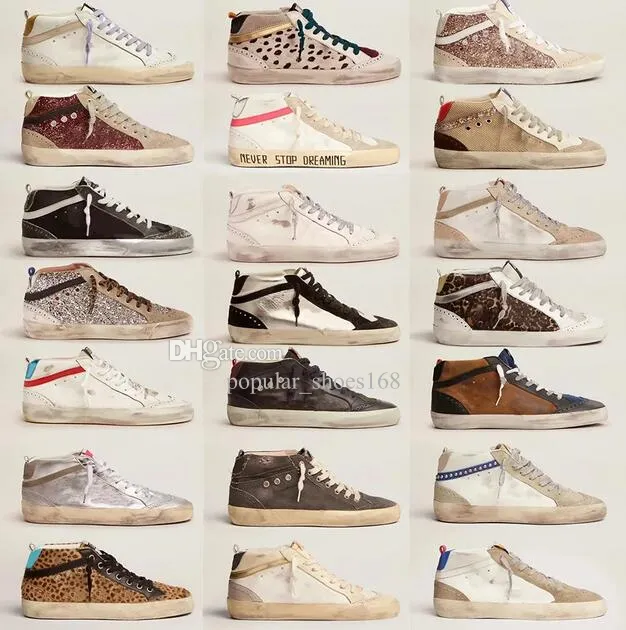 Sapatos esportivos estrela de alta qualidade, marca italiana, sapatos sujos, sapatos estrela, flash dourado, clássico, branco, velho, sujo, sapatos casuais de cano alto.