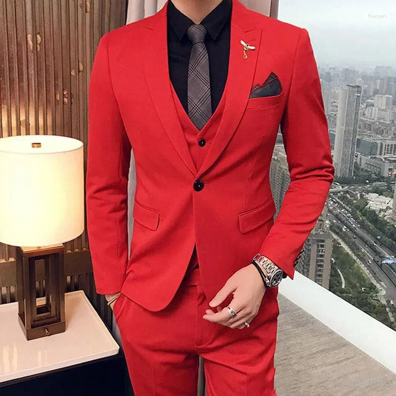 Men's Suits Red Men For Wedding Prom Evening Party Groom Tuxedos Man Blazers Slim Fit Terno Masculino Costume Homme 3Piece