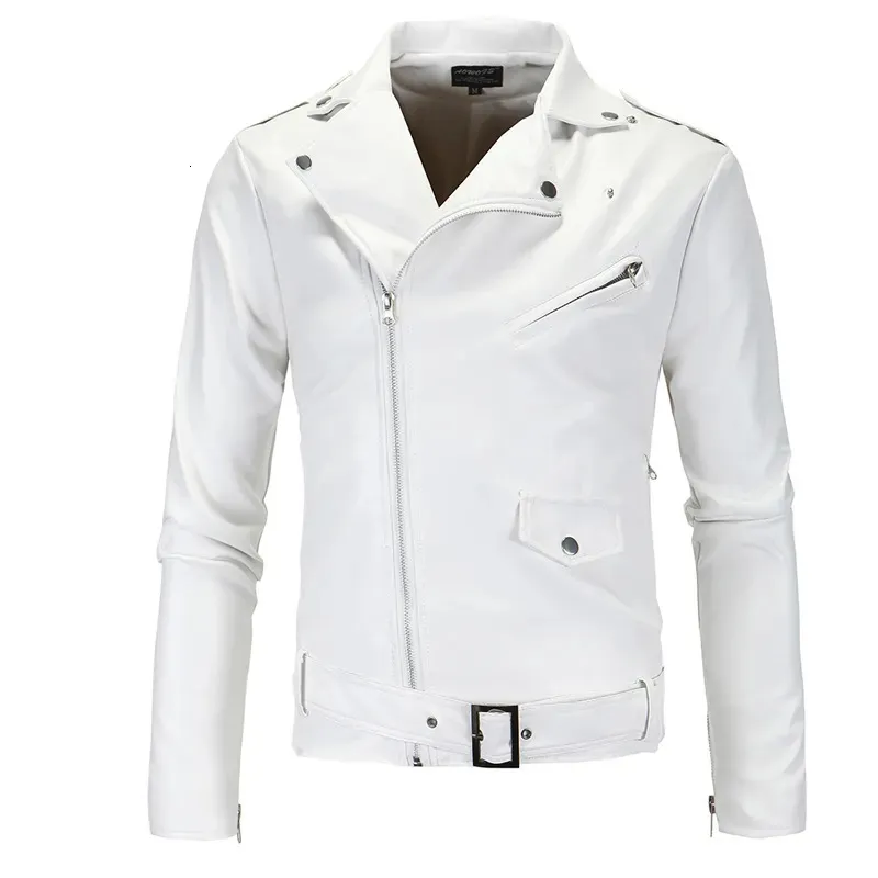 Vestes en cuir pour hommes en simili cuir pour hommes blanc noir revers décontracté coupe ajustée fermeture éclair diagonale moto veste en cuir PU manteau vêtements pour hommes 231012