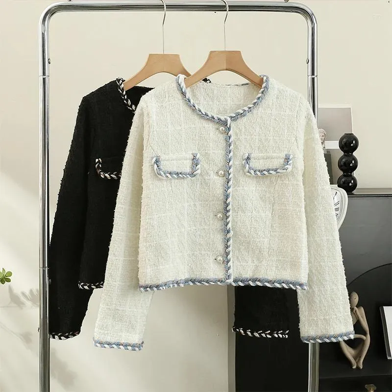 Women's Jackets Women Solid Color French Jacket Round Neck Trimmed Pearl Tweed Short Coat 2023 Autumn Winter Casual Loose Elegant Outwear