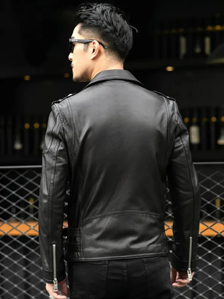 Men s Leather Faux Leather Spring Autumn Short Cool Black Leather Biker Jacket Men Zipper Long Sleeve Belt Plus Size European Fashion brand leather