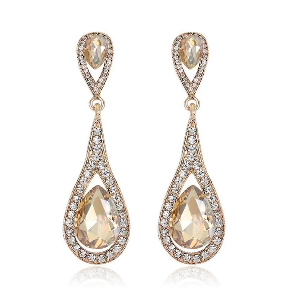 Lyxdesigner Teardrop Champagne Crystal Drop Earrings For Women Gold Color Dangle Charm Long Earings Bridal Wedding Jewelry201T