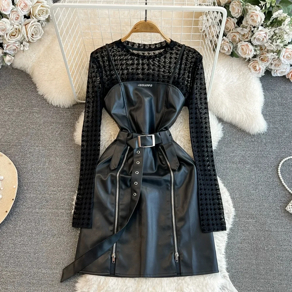 Korean Style A-line PU Leather dress stores near me Set with Perspective Top and Round Neckline for Slimming and Waist Reduction