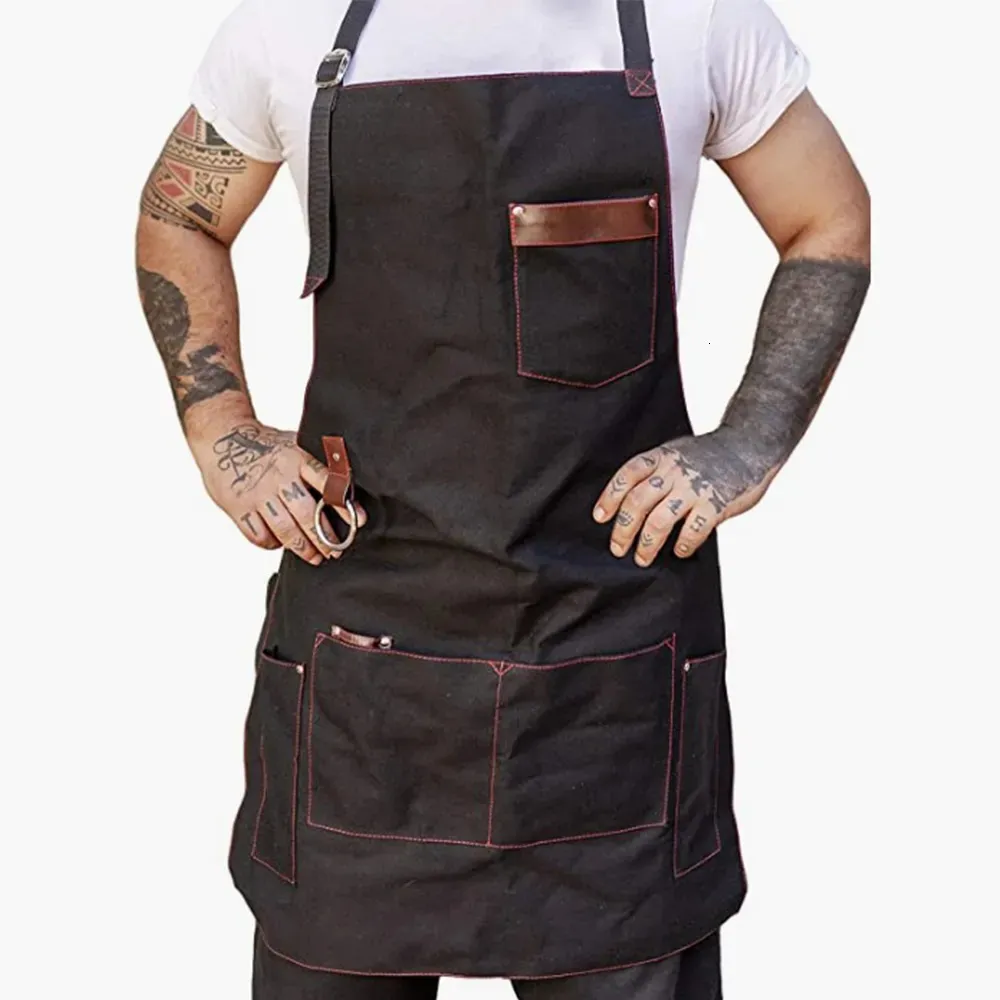 Aprons High-quality Kitchen For Pros Chef Apron for Men Canvas Leather Fabric Barbecue Father Gift Apron 231013