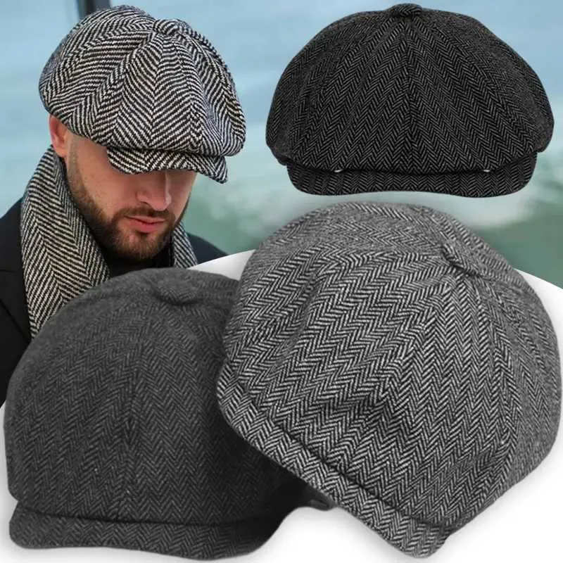 Classic Wool Newsboy Caps for Men, Herringbone Flat Caps