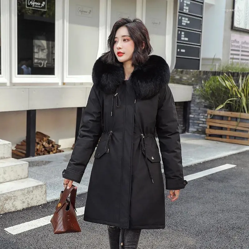 Trench da donna 2023 Giacca invernale da donna con cappuccio in pelliccia Moda Fodera sintetica Cappotto lungo con cappuccio Parka Capispalla Colletto grande