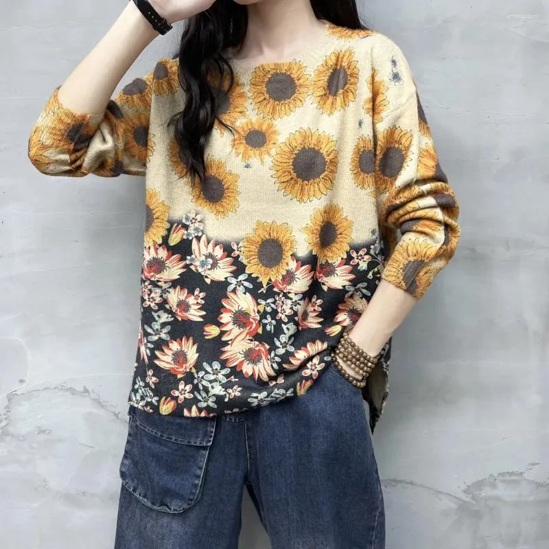 Kvinnors tröjor Autumn Art Vintage Flowers Print Woman Loose Imitation Mink O-Neck Collar Full Sleeve Casual Knit Tops