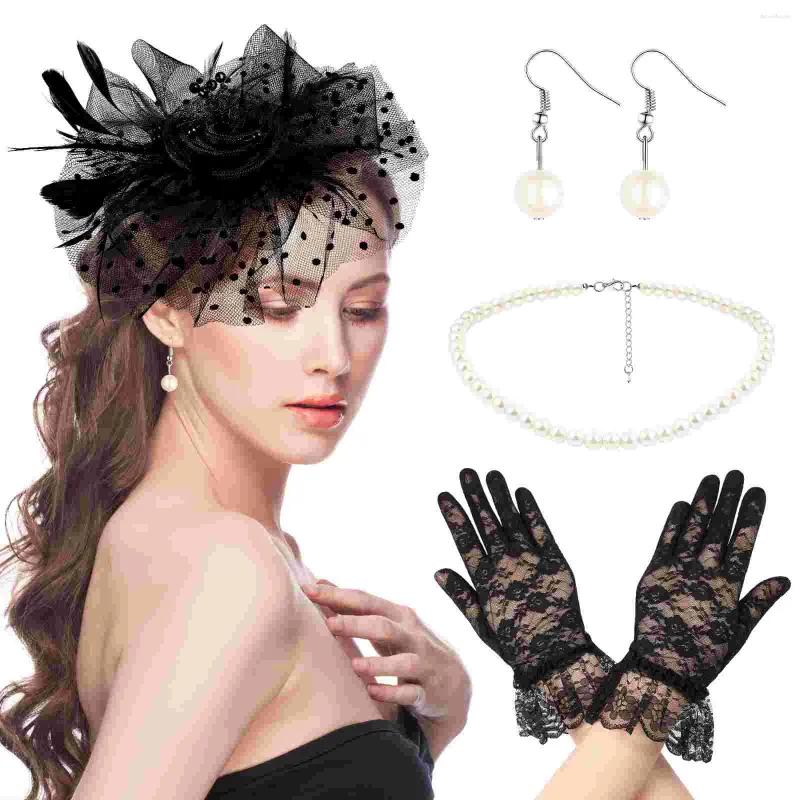 Bandanas Mesh Head Flower Party Headdress Fascinator Accessories Cosplay Gloves Hat Hairband Wedding Black Lace Set HatHair Headband