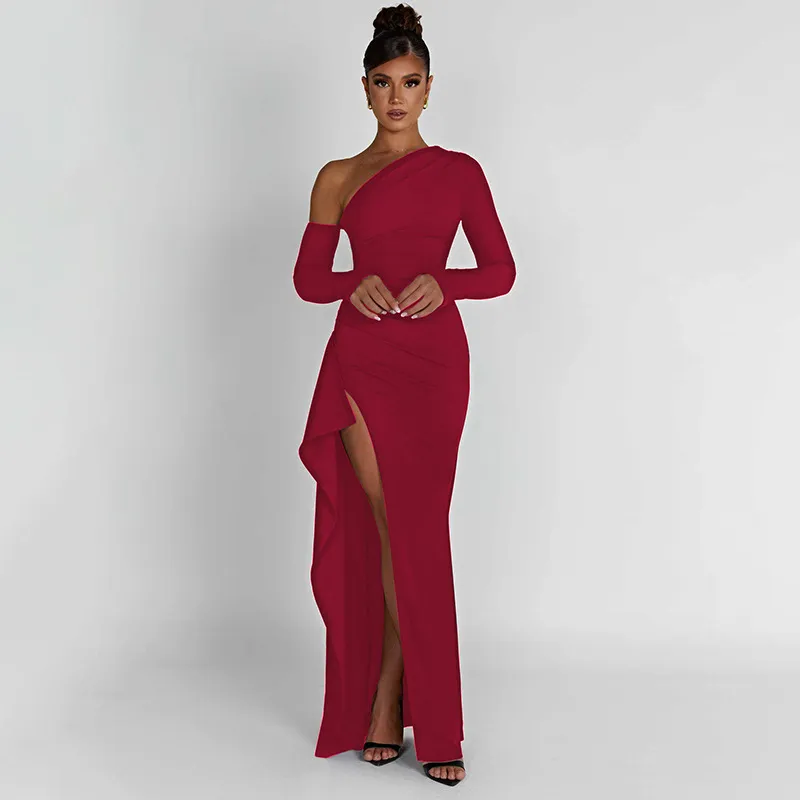 Eğik omuz uyluk yüksek bölünmüş maksi elbise kadınlar uzun kollu sırtsız bodycon seksi kulüp parti uzun elbise vestidos