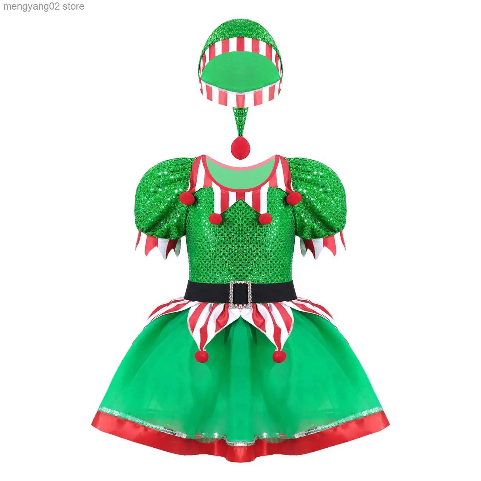 Tema kostym barn flickor jul alf come xmas paljetter pompoms prydde fancy party mesh tutu klänning med hatt nyår karneval klä upp t231013