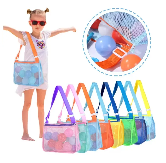 Borse personalizzate per conchiglie per bambini per borse da festa estive in spiaggia all'aperto, giocattoli per la raccolta di conchiglie con borsa a rete colorata con cerniera