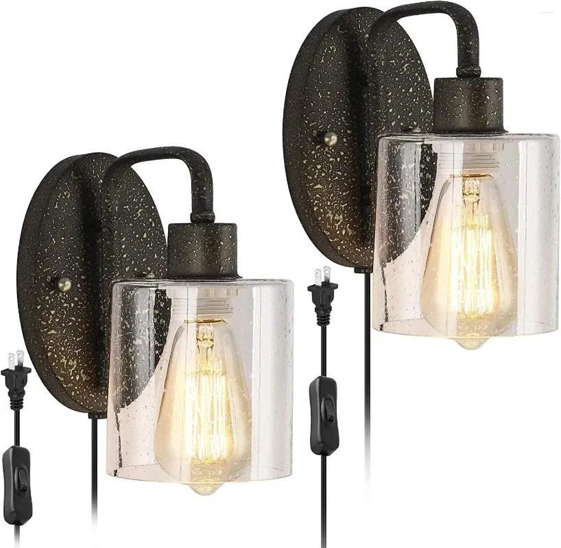 Wall Lamp In Sconce Set Of 2 Mounted With Seeded Glass Shade Industrial Bathroom Light Fixtures For Bedroom Hallway -Bla