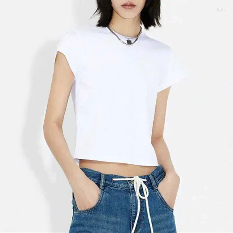 T-shirt manches courtes col rond femme, produit d'été en coton avec Logo en métal, épaule, 2023