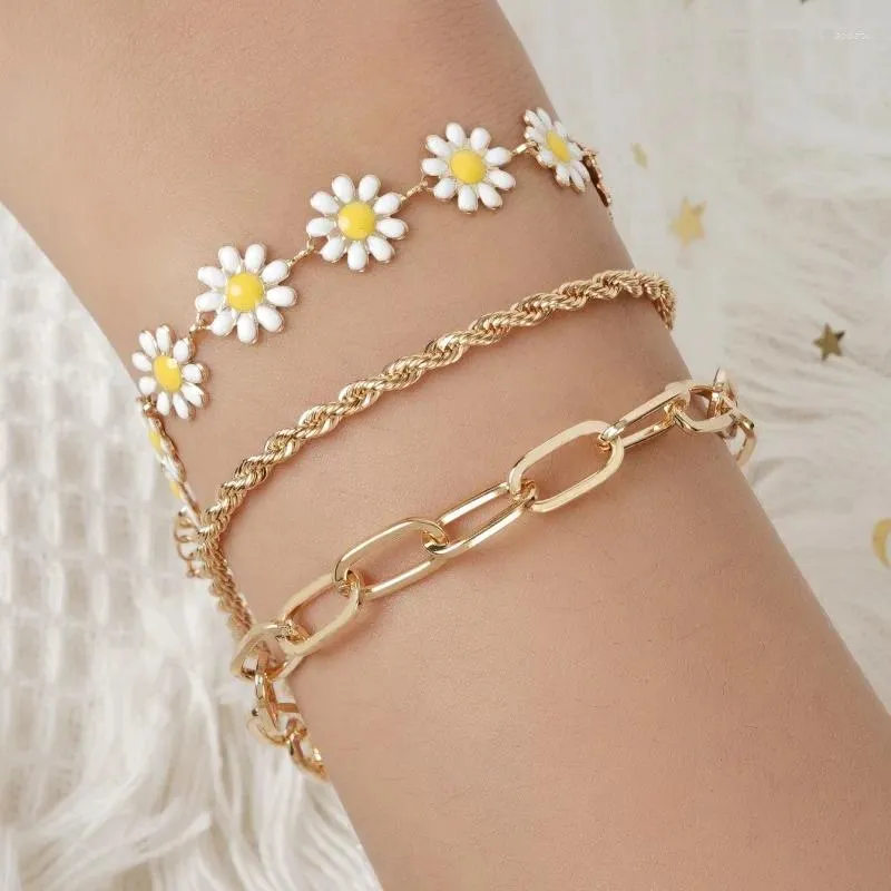 Charm Bracelets Korean Trendy Daisy Flower Bracelet Set For Women Shiny Zircon Love Heart 8 Figure Geometric Adjustable Chain Jewelry