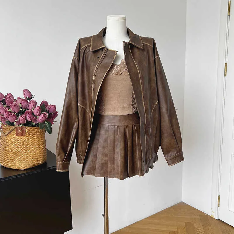 Série veste en cuir brossé, ensemble jupe plissée pour femmes, veste américaine, ensemble deux pièces, automne 2023