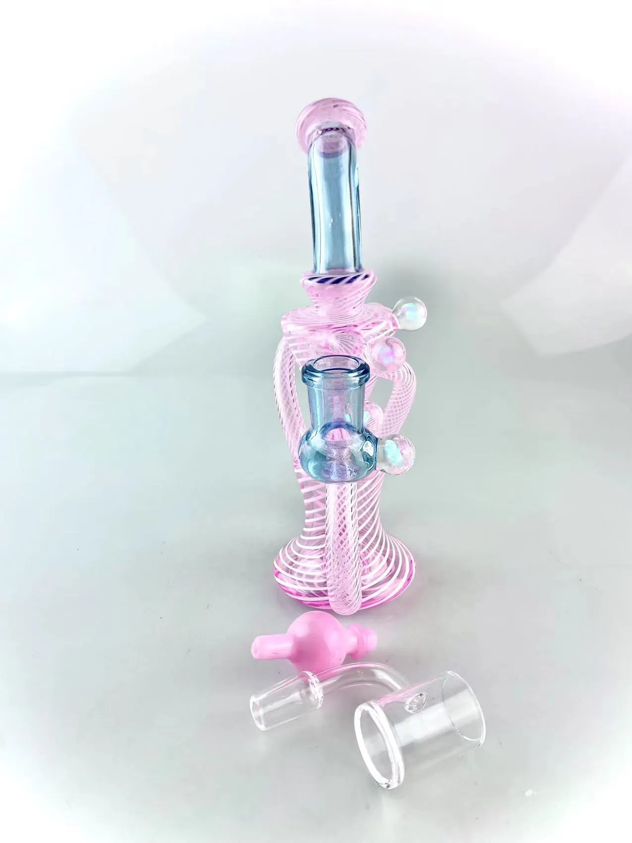tuyaux en verre recycleur fumant narguilé à pipe avec des accents de lignes roses et blanches et poussière d'étoile bleue 14 mm magnifiquement conçu bienvenue à la commande avec bulle banger ensemble