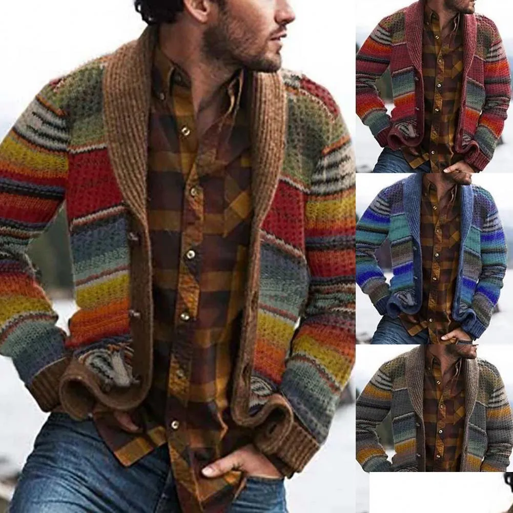 남자 재킷 mens 자켓 서부 스타일 스웨터 가디건 니트웨어 가을 컬러 블록 블록 무지개 줄무늬 상판 230923 의류 나 OTO03