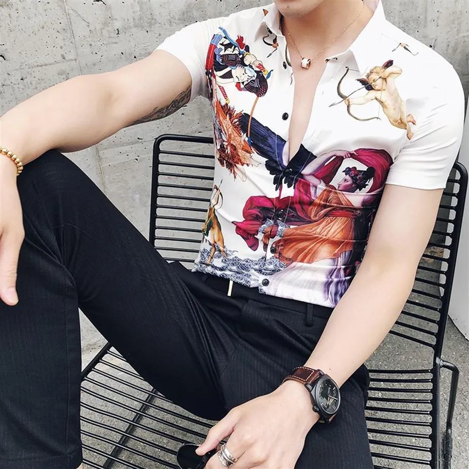 2023 sommer männer gedruckt retro quadrat hals kurzarm hemd koreanischen stil schlanke persönlichkeit trend top2642