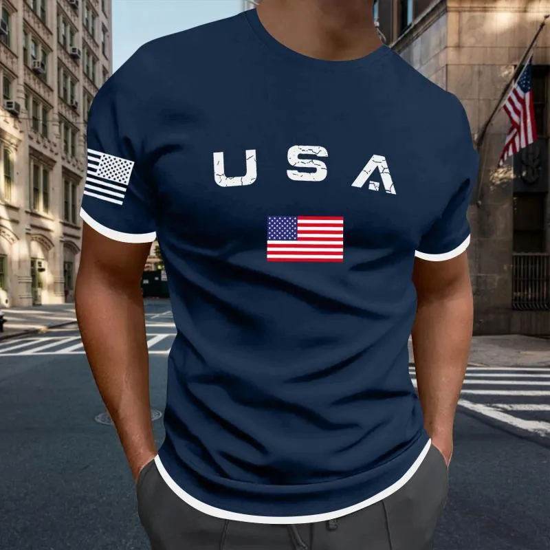 T-shirt da uomo in ultra cotone con stampa bandiera del Giorno dell'Indipendenza Due sport per il tempo libero primaverili/estivi Comodi top da vacanza da uomo eleganti