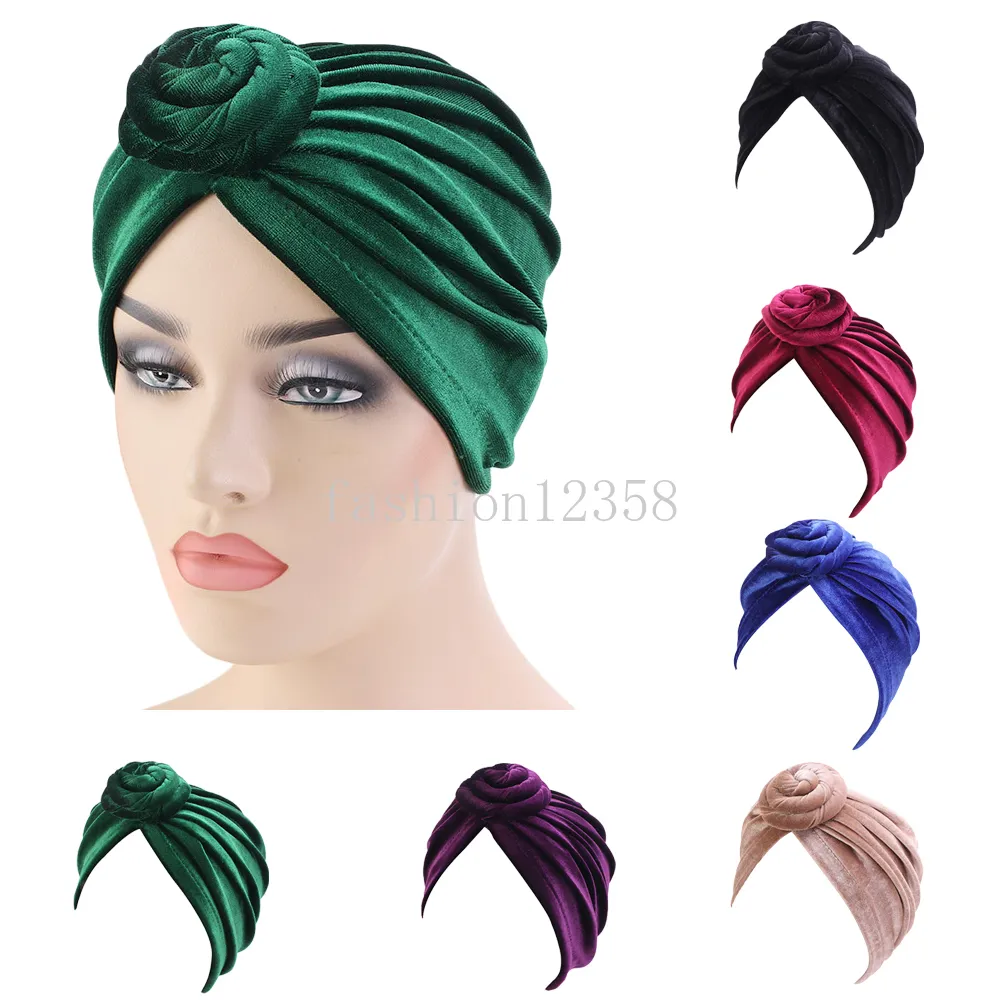 Indien kvinnor sammet turban hatt hijab twist knut kemo cap stretch beanie head wrap håravfall huvudkläder muslim