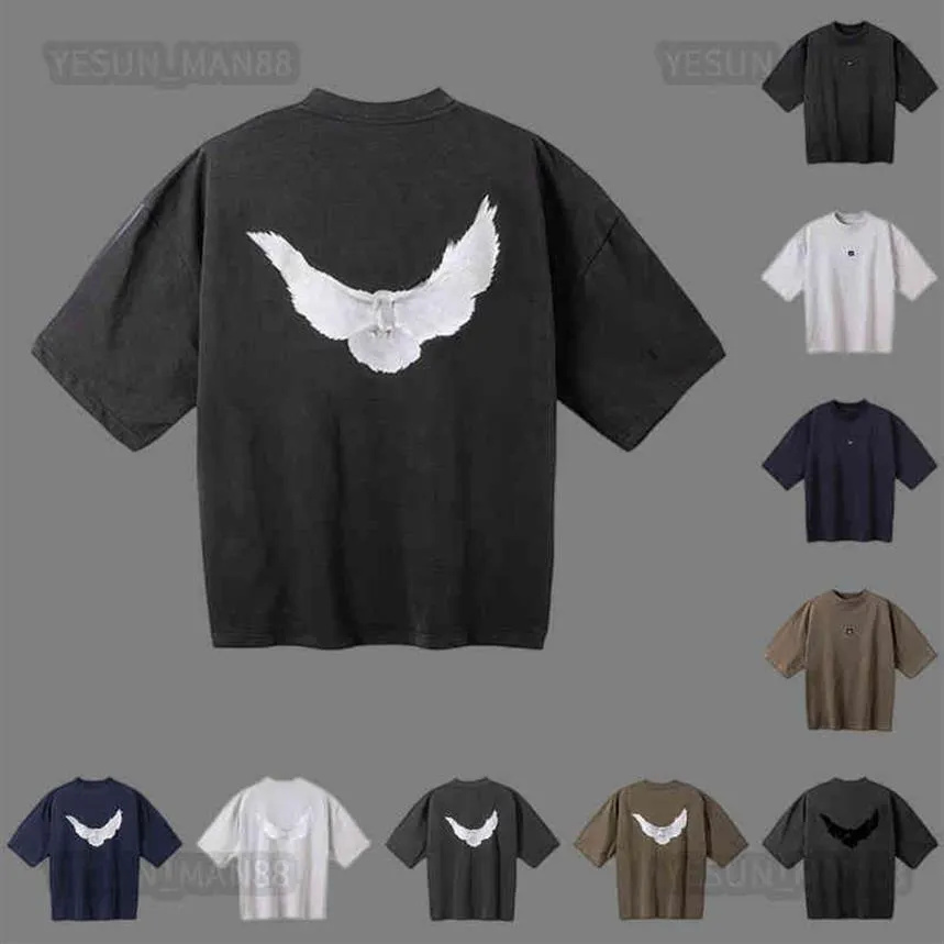 Designer Kanyes Classic Wests T Shirt Three Party Joint Peace Dove Printed Washing Water Short Sleeves High Street Mens And Womens187g