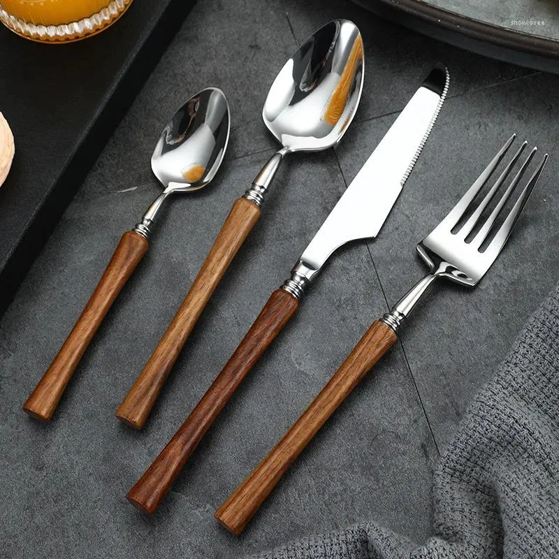 Servis uppsättningar 4st 304 rostfritt stål Karin trähandtagande bestick set lyxiga västra köksbordsvarig kniven gaffel gåva