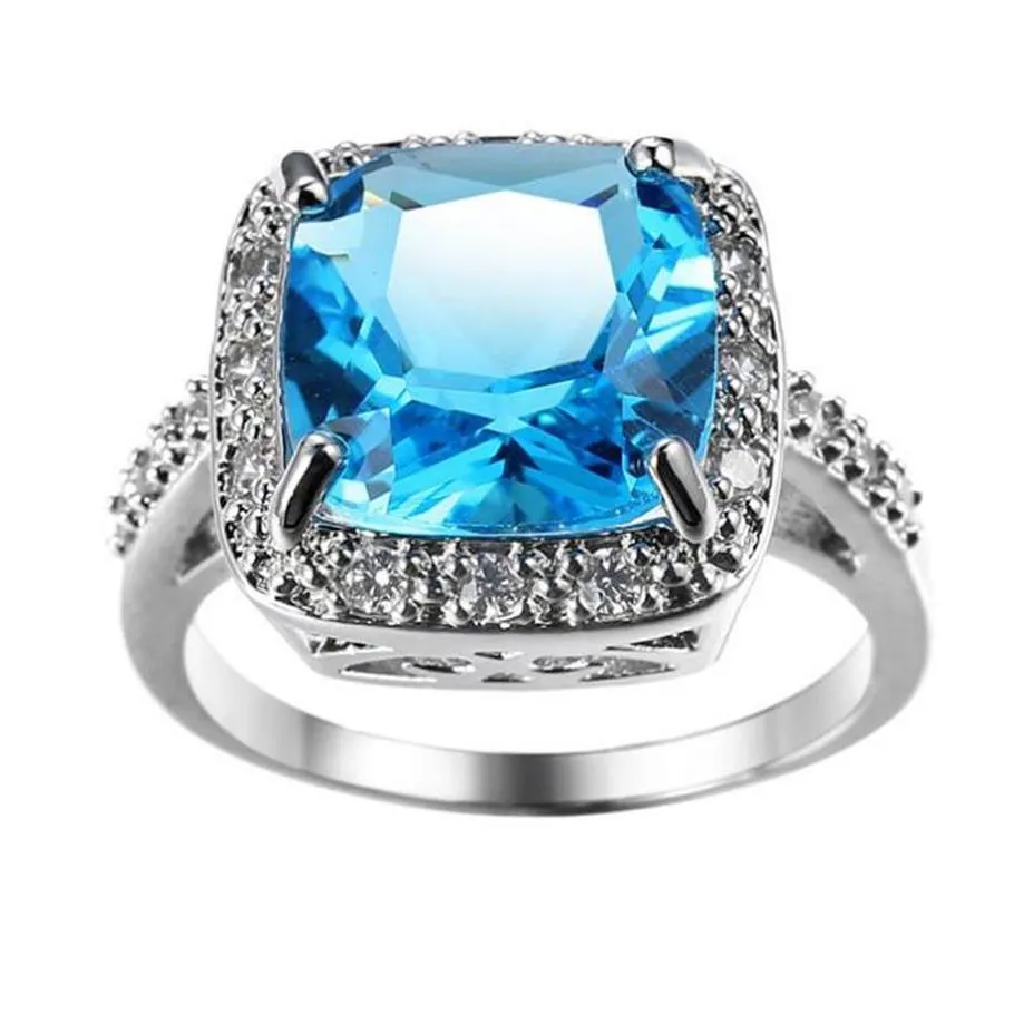 Luckyshien Sky Blue Topaz Crebrs Square Pierścienie Biżuteria 925 Srebrne obrączki ślubne dla kobiety cyrkon217i