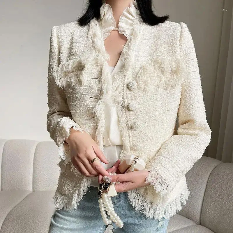 Kurtki damskie Wysokowy moda Tweed Fringed Edge White White Veck Płaszcz Długocze Slim Blazer 2023 Jesienna marka Odzież kurtka