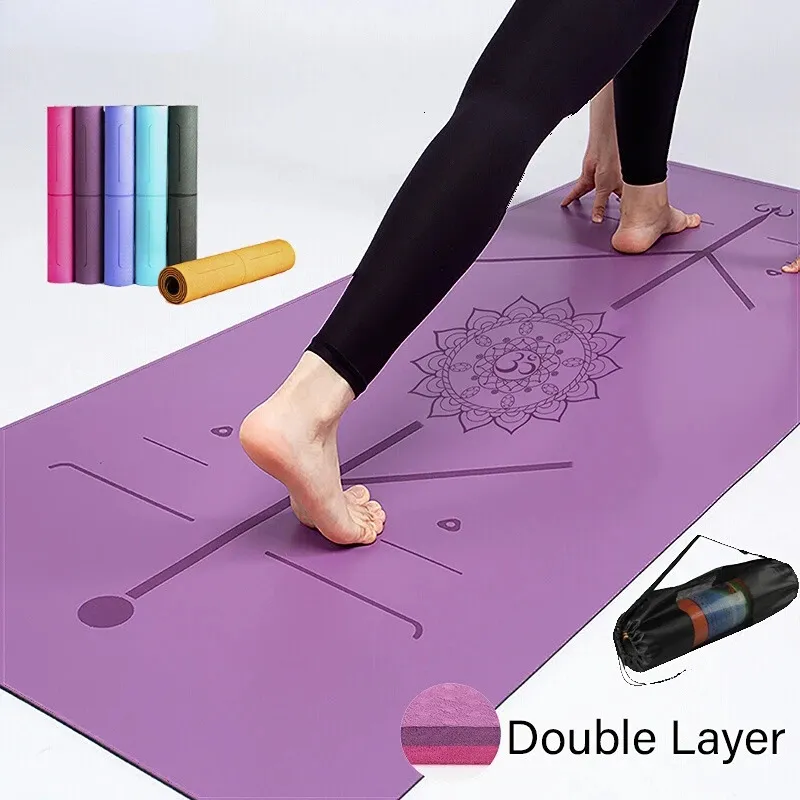 Yogamattor TPE Double Layer Nonslip Mat träningsplatta med positionslinje för fitnessgymnastik och Pilates 231012