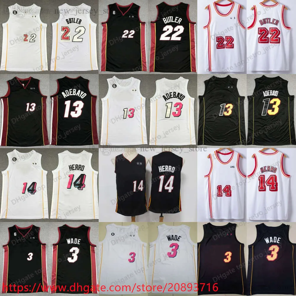 22 Jimmy Butler Jersey gestikt basketbal met 6 patches Dwyane 3 Wade 13 Bam Ado 14 Tyler Herro Jerseys 2023 nieuwe blauw witte retro zwarte stadsshorts