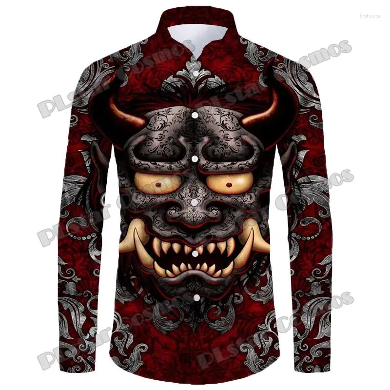 Herren Freizeithemden PLstar Cosmos Samurai Oni Mask Tattoo 3D-gedrucktes Langarm-Button-Down-Frühlings-Herren-Revershemd CXS15