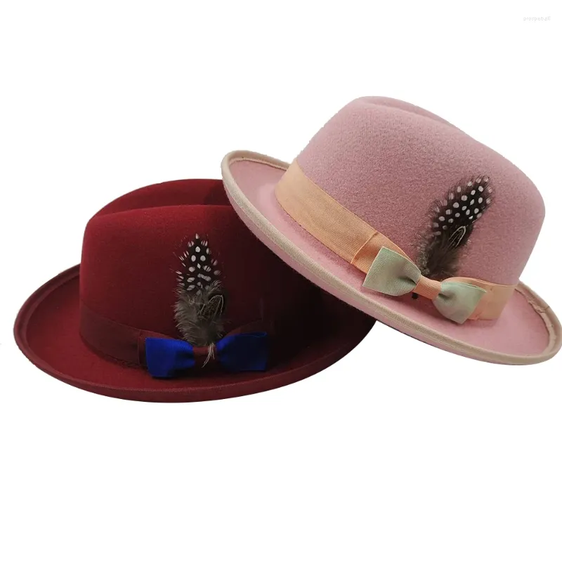 Berets Women's Hat French Men's Felt Colored Bow Knot Feather Jazz HatToubat HatPolkpie HatWide Brimmed Hombre