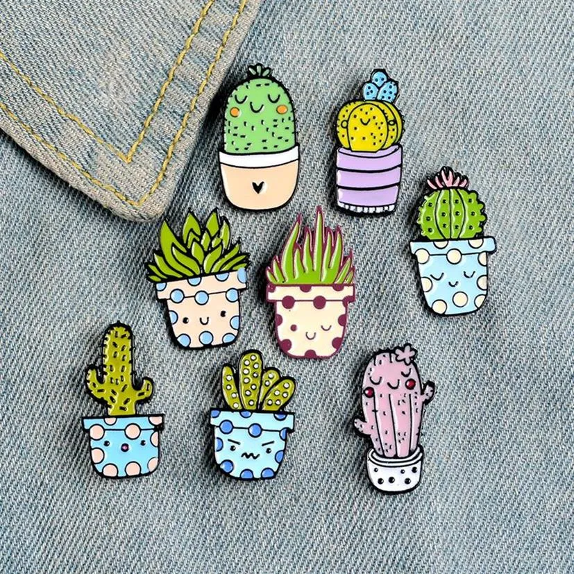 Nette Cartoon Student Kaktus Broschen Legierung Öl Tropfen Emaille Pin Unisex Blumenerde Lächeln Abzeichen Brosche Mode Zubehör Whole273c