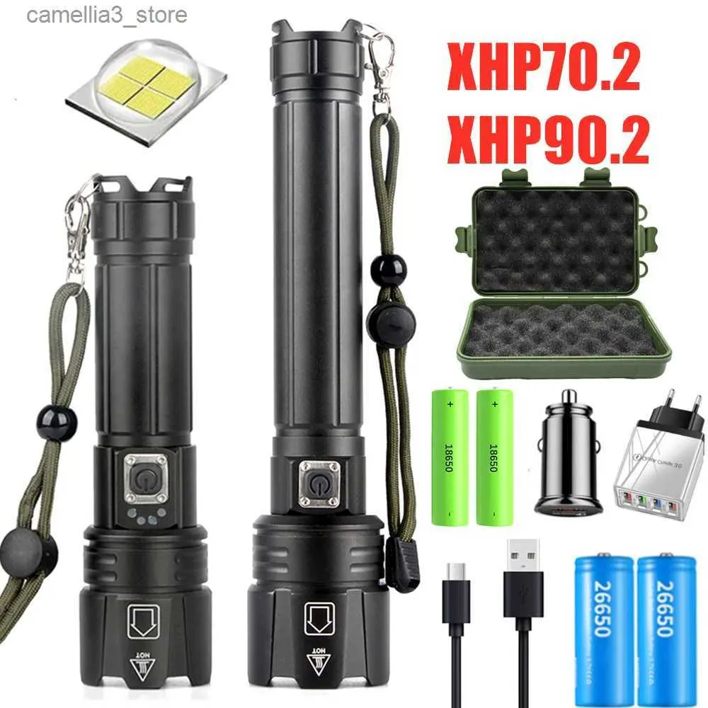 Torches XHP90.2 Mocne 26650 LED LASHLIGHT ATHARGATED XHP70.2 Lekkie taktyczne 18650 Wodoodporne światło pochodni Q231013