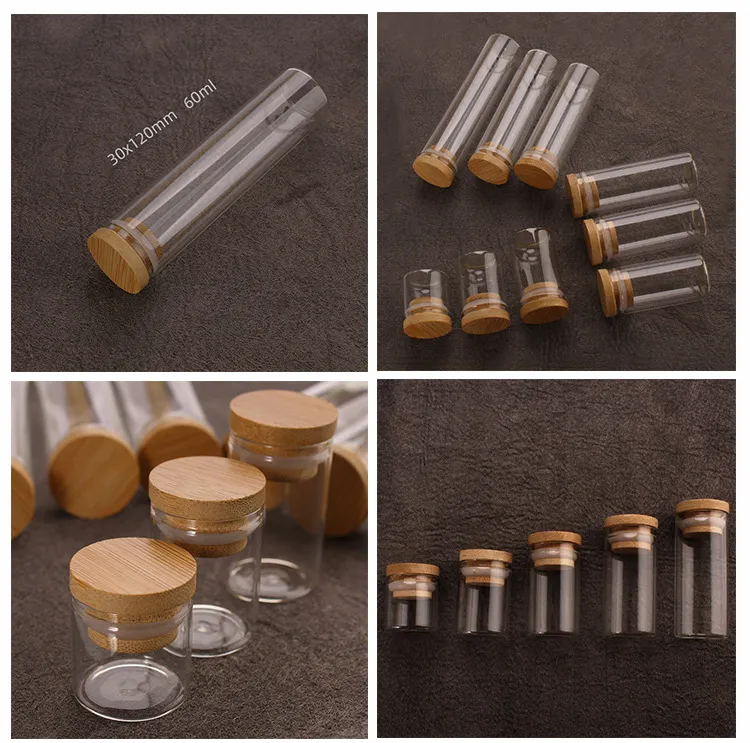 Flacon en verre avec couvercle en bambou, tube droit de 30 mm de large, bouche sans col, hermétique, 10 ml, 15 ml, 20 ml, 30 ml, 50 ml pour la nourriture, le thé, les épices, le café, les herbes, les pilules, le stockage de petits objets.