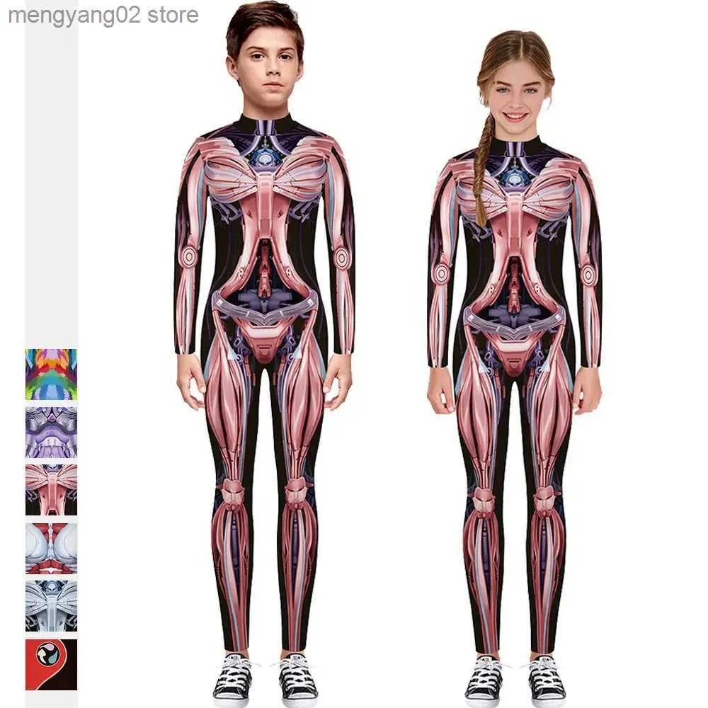 Theme Costume Boys Girls Hallween Bodysuit Cosplay Steampunk Come Skeleton Print Jumpsuits Mechanical Zentai Romper Casual Fitness Outfit T231013