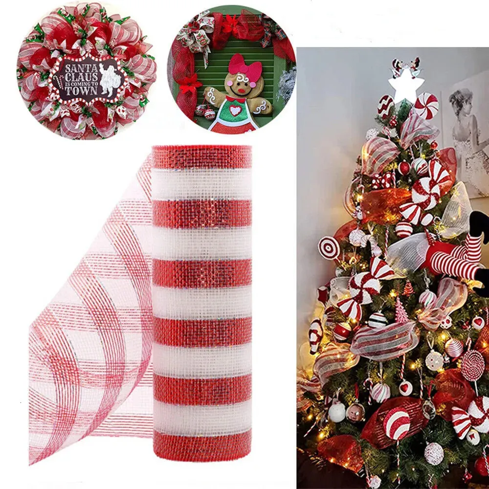 زينة عيد الميلاد 26cmx10 ياردة DIY Red White Candy Cane Decoration مصنوعة يدويًا خطوط إكليل الزهور عيد الميلاد شبكة Meterial Making Making Xmas Ornament 231012