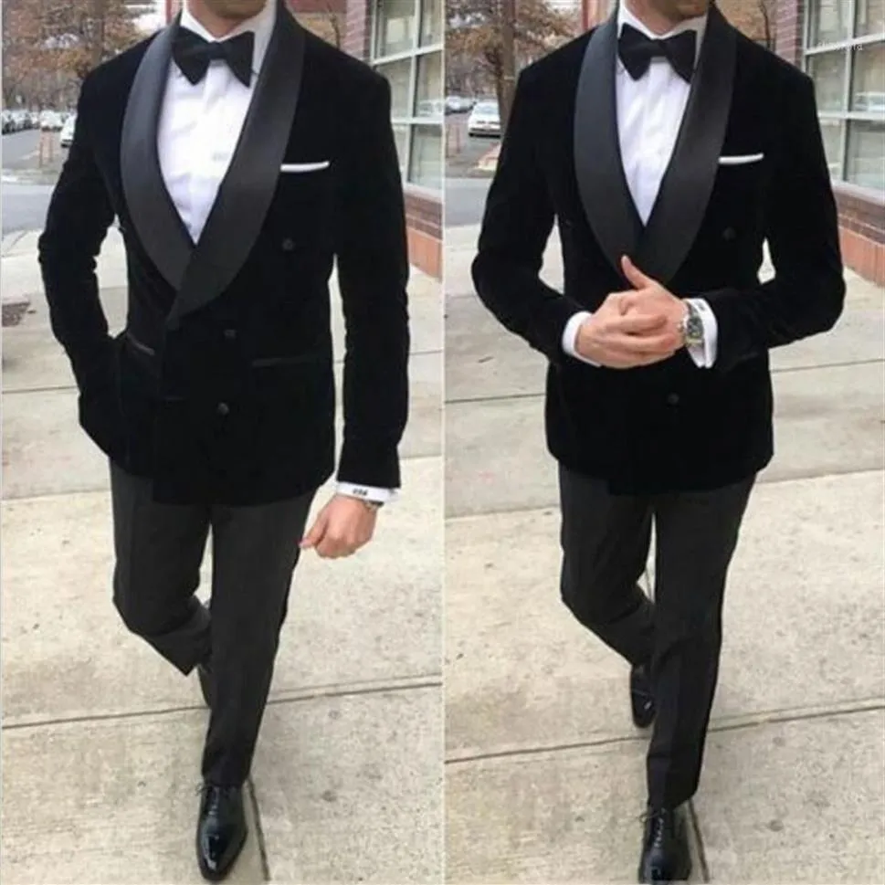 Costumes pour hommes Blazers Black Velvet Prom Hommes pour mariage Châle Revers Plus Taille Groom Tuxedos 2Pièce Smoking Veste Slim Fit Te248q