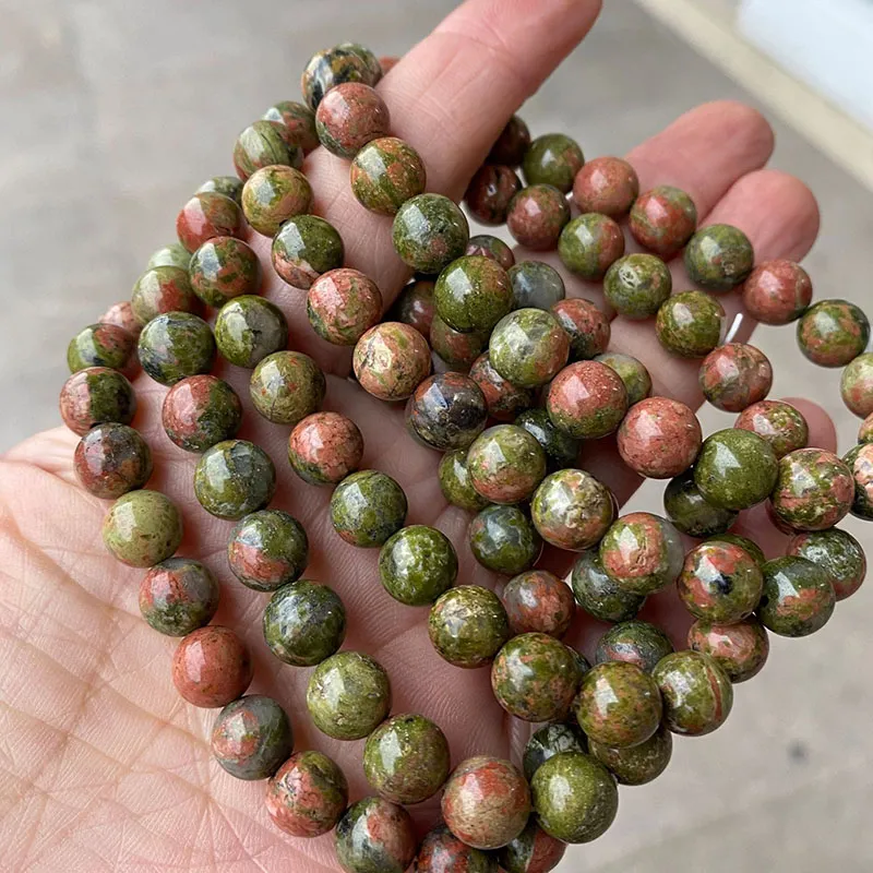 4mm 6mm 8mm 10mm 12mm Bracciale in unakite naturale Pietra preziosa Potere curativo Perline energetiche Bracciale in pietra elastica elasticizzata con perline rotonde