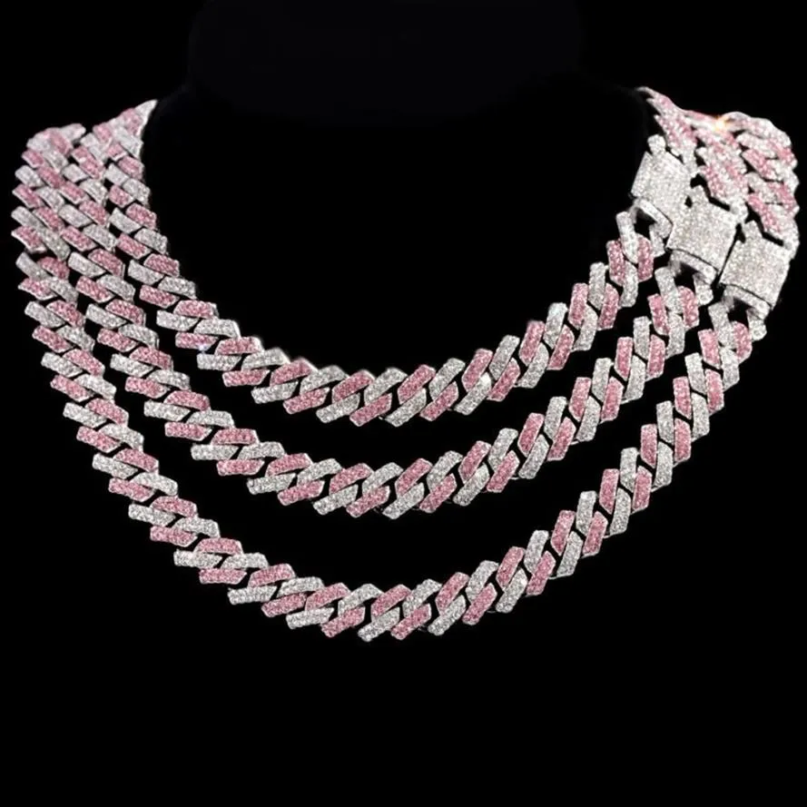 Kedjor hiphop rosa crystal 14mm rhombus prong kubansk länk kedja halsband för kvinnor full strass bana is ut juvelrychains247v