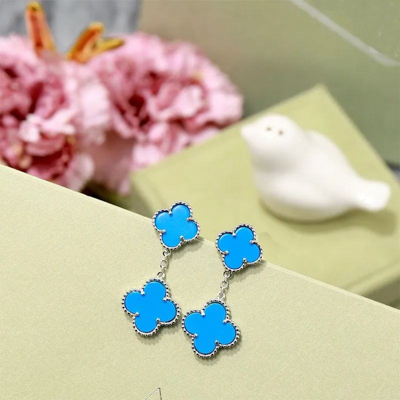 Women's Designer Fashion Double Flower All Beige Agate Clover Brand Cleef Earrings Jewelry