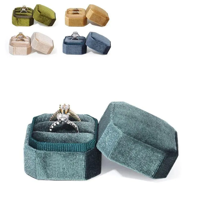 Caixa de jóias de veludo octógono, caixas de armazenamento de anel duplo com tampa removível para embalagem de anel de noivado, caixa de presente qpcxa